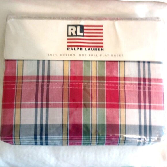 Ralph Lauren 100% Cotton Full Flat Sheet Sundek Plaid Red NIP - Picture 1 of 7